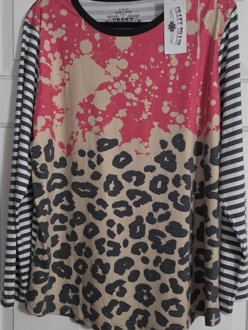 Crazy Train Pink Splash & Leopard Print Long Sleeve Top